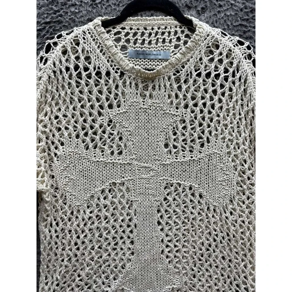 Racer Worldwide Cross Net Weave Oversized Pullover Sweater Beige Size M Unisex - Picture 3 of 11